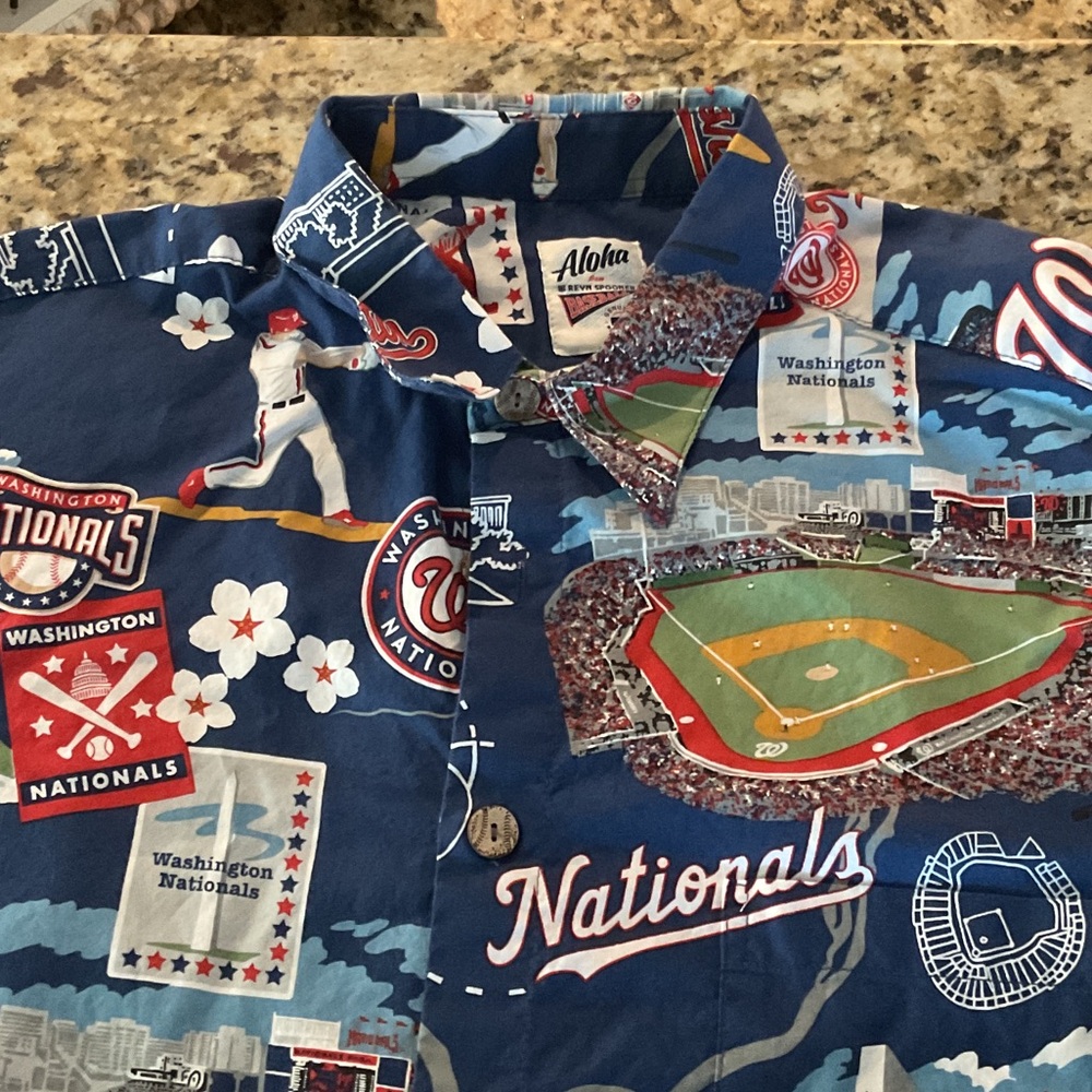 Reyn Spooner Blue Nationals Themed Casual Button Down Shirt
